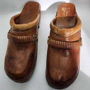 Stride Rite Vintage‎ Boho Brown Leather Mules with Wooden Soles Sz 7.5B